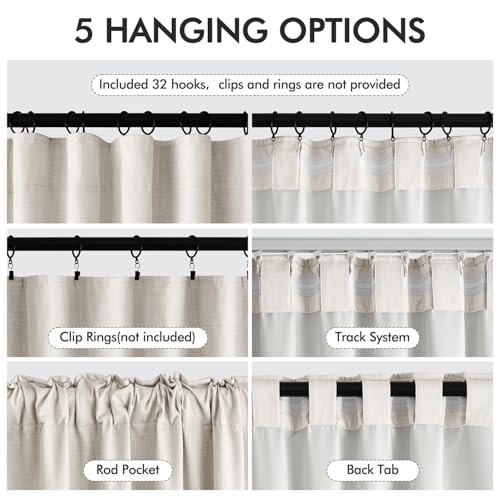 100% Blackout Back Tab Pleat Linen Curtains 50" Wx63 L (2 Count)