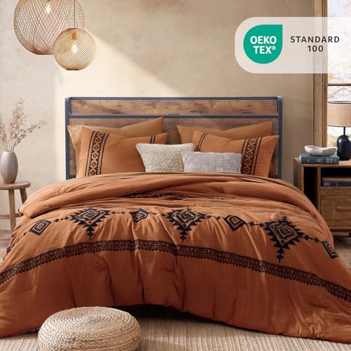Embroidery Queen Comforter Set 7 Pieces Burnt Orange Bed in a Bag