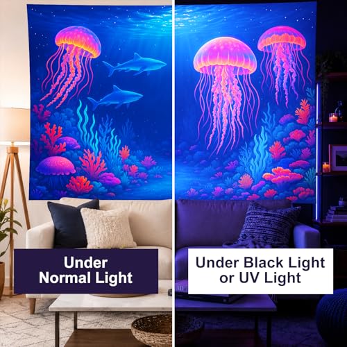 Blacklight Tapestry Jellyfish Shark Wall Art 78 x 59 Inch