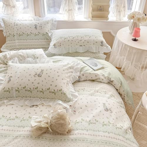 Botanical Floral Comforter Set Full Size Cute Flower Leaves Rabbit Pattern Comforter Reversible Green Plaid Comforter Girls Princess Bedding Set Lace Ruffle Comforter Set for Kids Teen Girls (3 Count)