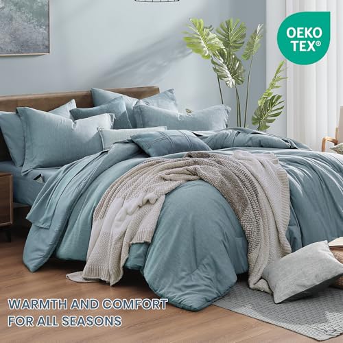 King Comforter Set 7 Pieces Dusty Blue Cationic Dyeing Bed in a Bag