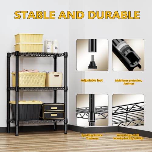 750 lbs 3 Tier Shelf Metal Storage Shelves Shelving Wire Rack Heavy Duty Closet Organizers for Garage Kitchen Bathroom Laundry Black 13.8" D x 23.6" W x 35.5" H