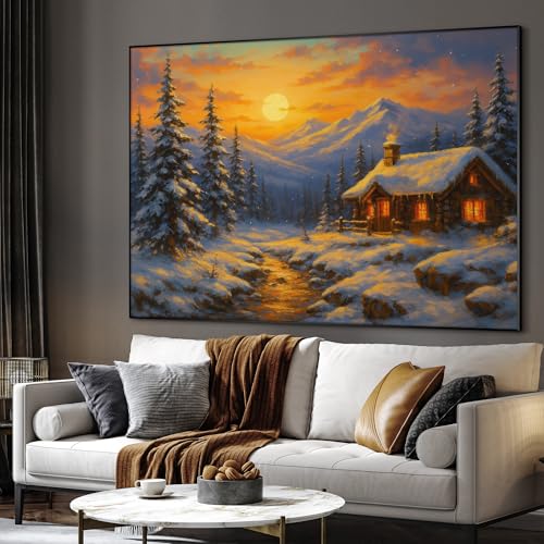 46"x60" Extra Large Framed Wall Art Cozy Cabin in Snowy Mountain Landscape at Sunset for Home Living Room Bedroom Decor