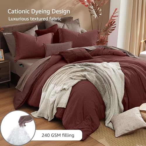 Queen Comforter Set 7 Pieces Cationic Dyeing Dark Red Bed in a Bag