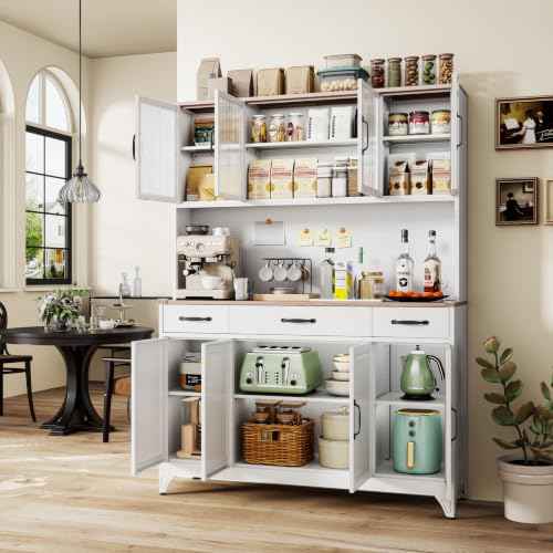 74.8" Tall Metal Pantry Cabinet with Charging Station & LED Light