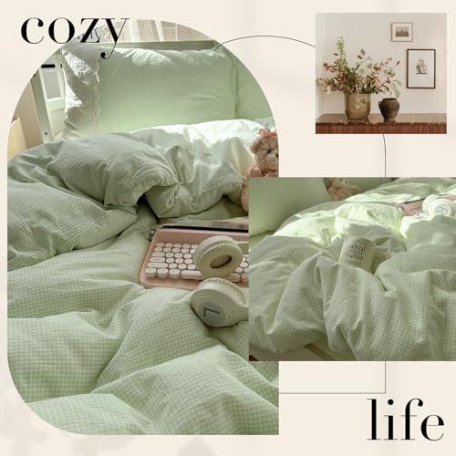 Green Gingham Comforter Set King Romantic Lace Style Vintage Checkered Plaid Comforter Set 3 Pieces Green Grid Comforter with 2 Pillowcases Soft Fluffy Farmhouse Gingham Bedding Set King