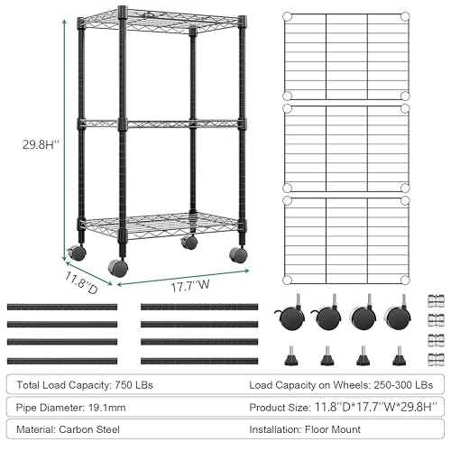 3 Tier Shelf Metal Storage Shelves Wire Rack Closet Organizers with Wheel for Garage Kitchen Bathroom Laundry Black 11.8" D x 17.7" W x 29.8" H