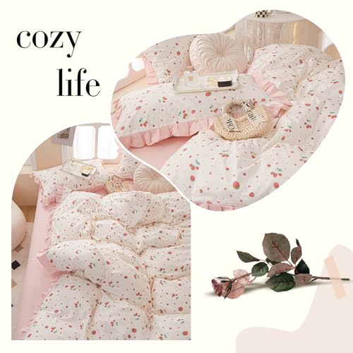 Kawaii Pink Strawberry Comforter Set King Girls Cute Strawberry Bedding Comforter Fluffy Soft Microfiber Bedding Set 1 Ruffled Comforter with 2 Pillowcases Pink Floral Comforter Set