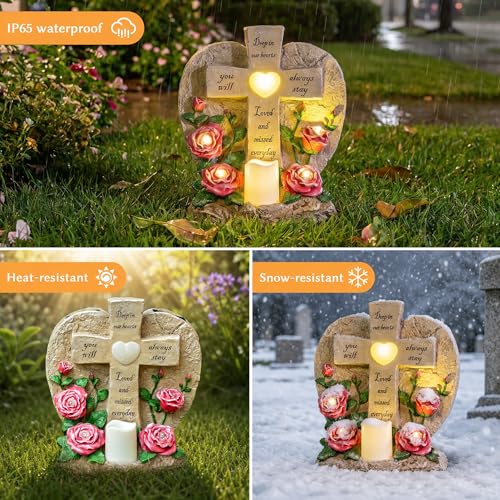 Solar Lights for Cemetery Memorial Cross Statue with LED Lights & Roses