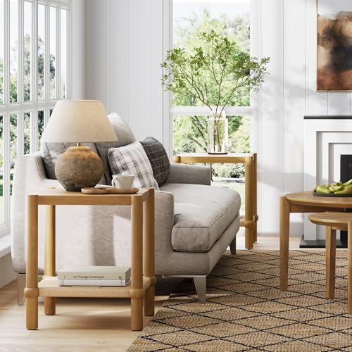 River Modern Coastal Side Table with Solid Wood Legs and Seagrass Storage Shelf (2 Count)