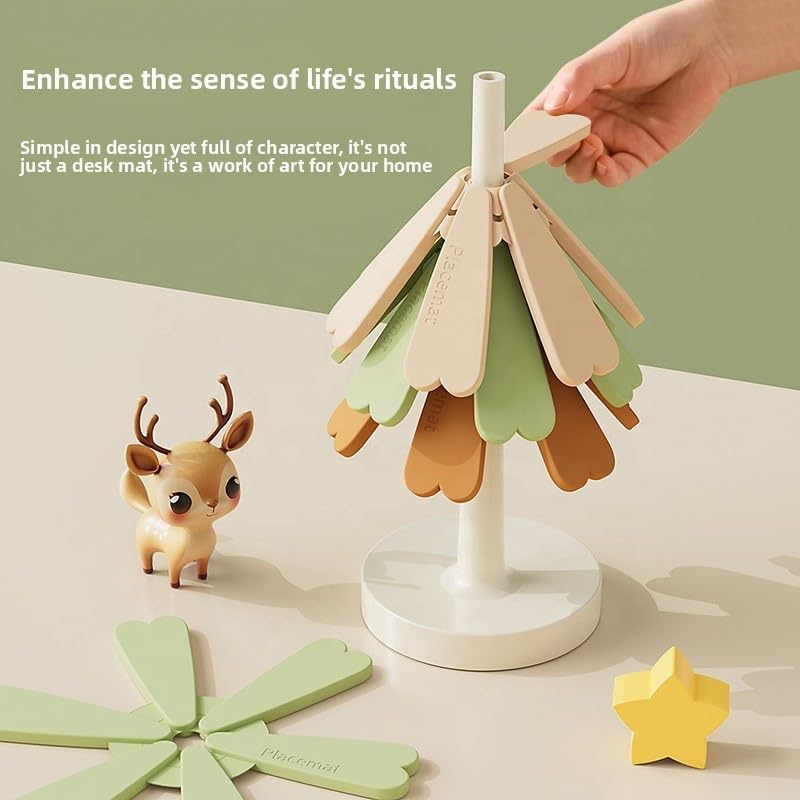 Christmas Tree Silicone Hot Pad, 4-Pack Heat Resistant Trivet for Pots and Pans, Holiday Kitchen Potholder, Coaster, Christmas Table Decor (Four Layers of Yellow and Green Color + Stars)