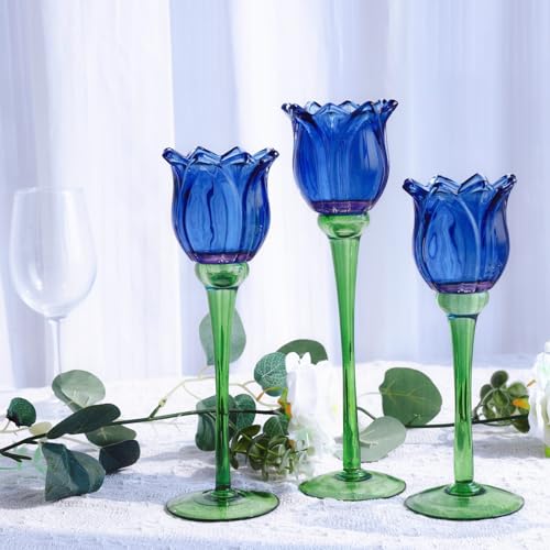 Blue Flower Tealight Candle Holder Set of 3