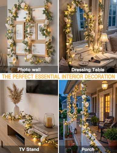 60LED Garland with White Camellia Lights Battery Operated Clear Wire