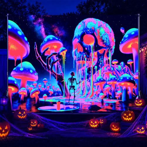 Blacklight Tapestry Skull Mushroom Neon Decor 78 x 59 Inch