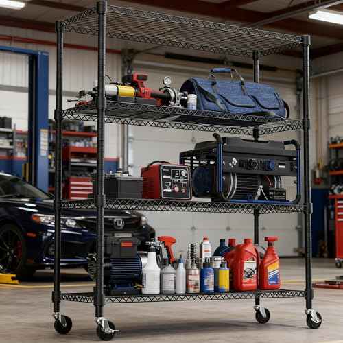 1400LBS 47.2" W 4 Tiers Storage Shelves Metal Shelving Unit with Wheels Heavy Duty Garage Shelving Adjustable Wire Shelves for Pantry