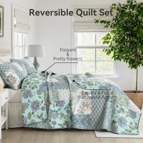 3 Piece Quilt Set King Size Patchwork Paisley Turquoise Floral