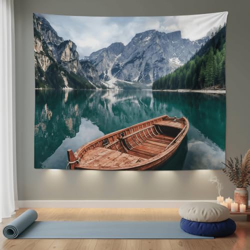 Nature Mountain Lake Boat Tapestry 90x68 Inch