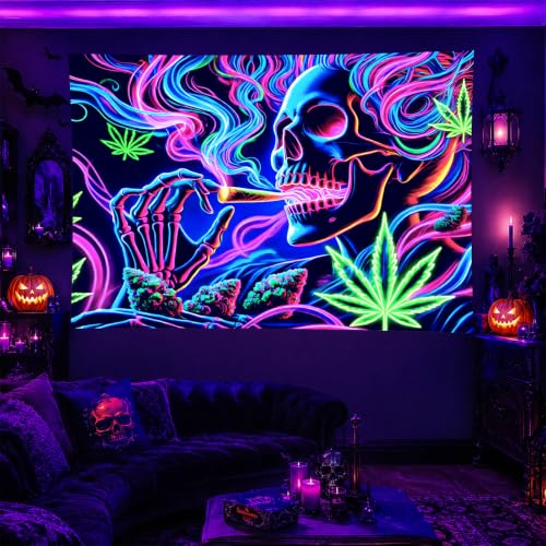 Smoking Skull Blacklight Tapestry 78x59 Inch Goth Wall Decor
