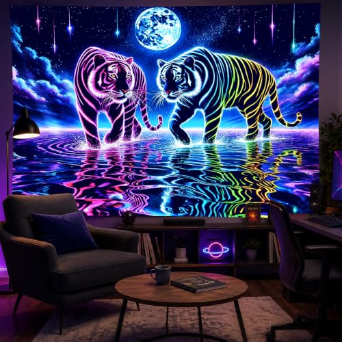 Psychedelic Blacklight Tapestry Banner 79x59 Inch Neon Tapestry Tiger Cosmic Moon Water Reflection Art Aesthetic Bohemian Glow In The Dark Decor Wall Hanging Trippy Vibrant Black Light Tapestries