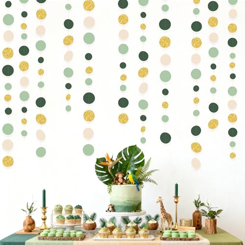 Sage Green Gold Beige Party Polka Dot Garlands Oilve Green Glitter Gold Hanging Paper Circle Dots Streamer for Birthday Wedding Shower Engagement Retirement Boho Safari Party Decorations Supplies