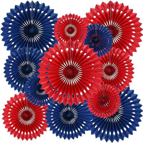 Honeycomb Round Paper Fans Navy Blue Red Hanging Party Decoration (12 Count)