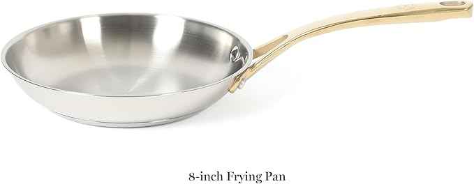 Martha Stewart Castelle 8-Inch Stainless Steel Frying Pan with Gold-Tone Handle – Tri-Ply Encapsulated Bottom, Oven Safe & Induction Safe Skillet for Searing and Sautéing