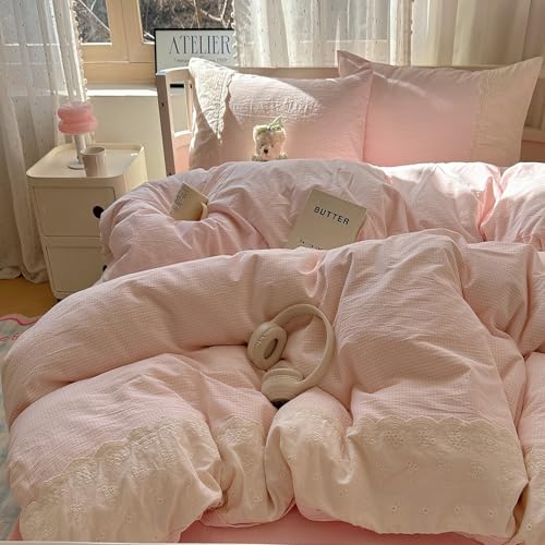 Pink Gingham Comforter Set Queen 3 Pieces Princess Lace Bedding Set Vintage Plaid Checkered Comforter with 2 Lace Pillowcases Soft Breathable Pink Grid Comforter Set for Girls Teens Women