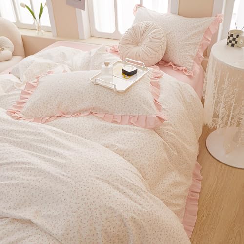 Reversible Ruffle Comforter Set King Vintage Botanical Floral Comforter Set White Coquette Bedding Cottagecore Pink Flower Comforter with 2 Pillowcases Floral Boho Bedding Comforter for King Bed