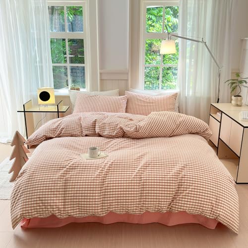 Queen Comforter Set 3 Pieces Pink Gingham Comforter Modern Style Blush Plaid Comforter Set Fluffy Soft Farmhouse Gingham Bedding Grid Checkered Comforter Queen with 2 Pillowcases