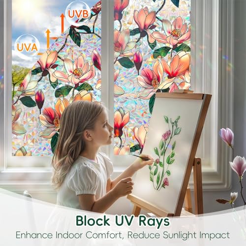 Window Privacy Film Decorative Stained Glass Window Film Rainbow Magnolia Floral Static Cling Non