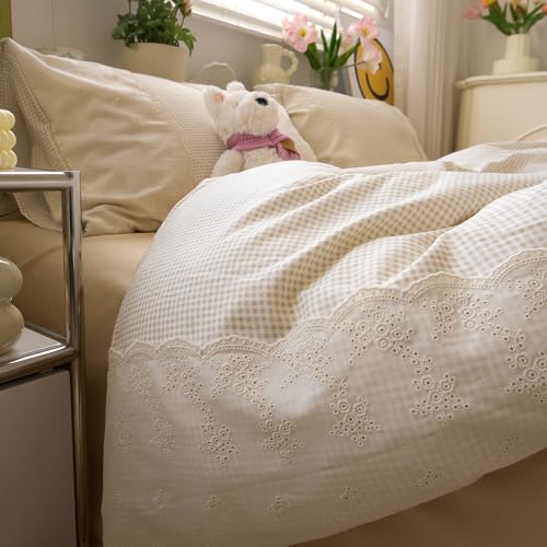 Tan Gingham Comforter Set Full Romantic Lace Style Beige Taupe Plaid Comforter Set 3 Pieces Vintage Checkered Grid Comforter with 2 Pillowcases Fluffy Soft Farmhouse Gingham Bedding Set