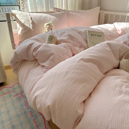 Pink Gingham Comforter Set Queen 3 Pieces Princess Lace Bedding Set Vintage Plaid Checkered Comforter with 2 Lace Pillowcases Soft Breathable Pink Grid Comforter Set for Girls Teens Women