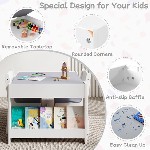 3-in-1 Wooden Kids Table & Chairs, Detachable Top & Storage, Grey