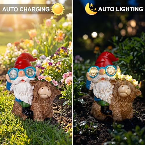 Solar Garden Gnome Statue Sitting Highland Cow Figurine Flower Wreath