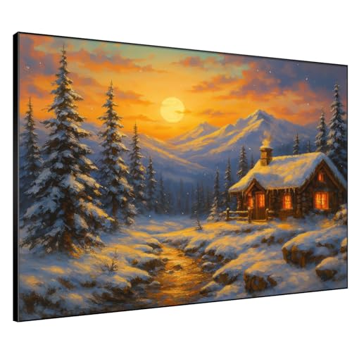 46"x60" Extra Large Framed Wall Art Cozy Cabin in Snowy Mountain Landscape at Sunset for Home Living Room Bedroom Decor