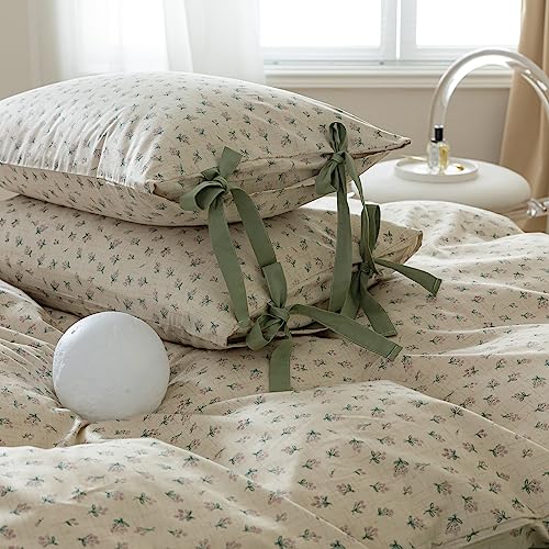 Vintage Green Floral Comforter Set King Aesthetic Flower Printed Floral Bedding Comforter Set Garden Style Botanical Comforter with 2 Bow Ties Pillowcases Soft Fluffy Farmhouse Bedding Set King (3 Piece Set)