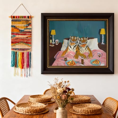 Framed Funny Tiger Pizza Wall Art Dark Brown Frame Bedroom Picture Print Vintage Fun Tigers Couple Canvas Wall Decor Maximalist Blue Pink Eclectic Jungle Animal Paintings