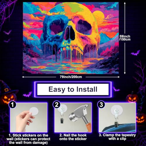 Blacklight Tapestry Melting Skull Neon Wall Art 78 x 59 Inch