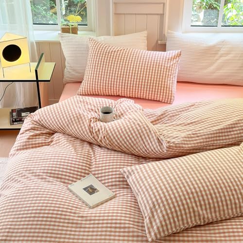 Queen Comforter Set 3 Pieces Pink Gingham Comforter Modern Style Blush Plaid Comforter Set Fluffy Soft Farmhouse Gingham Bedding Grid Checkered Comforter Queen with 2 Pillowcases