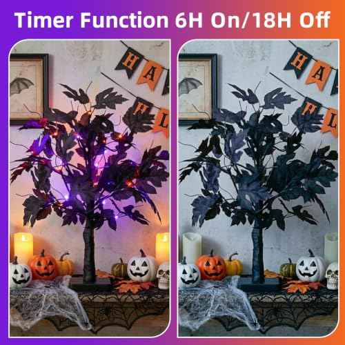 Halloween Tree Lights with Black Leaves Halloween Decorations