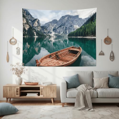 Nature Mountain Lake Boat Tapestry 60x44 Inch