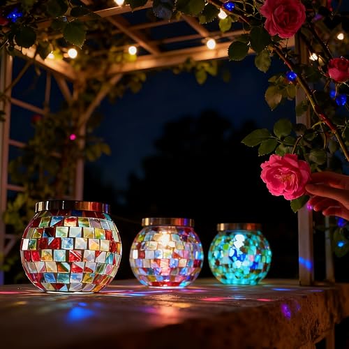 4 Pack Valentines Day Gifts for Him Her Landscape Lighting Path Lights Heavy Solar Mosaic Lantern with RGB Color (4 Count)