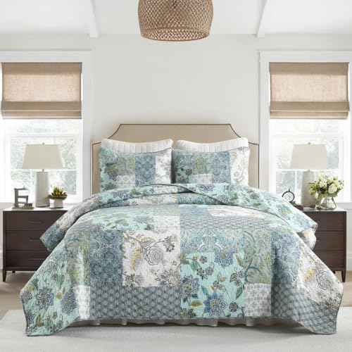 3 Piece Quilt Set King Size Patchwork Paisley Turquoise Floral