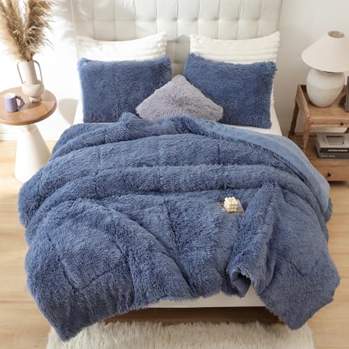 Fluffy Full Size Comforter Set Infinite Blue Faux Fur Comforter 3Pcs