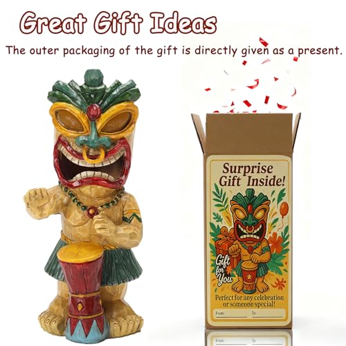 Solar Tiki Garden Statue with LED Eyes Outdoor Polynesian Drummer Hawaiian Party Decor Solar Light Ornament for Patio Porch Lawn or Tiki Lover Best Gifts for Tiki Lovers