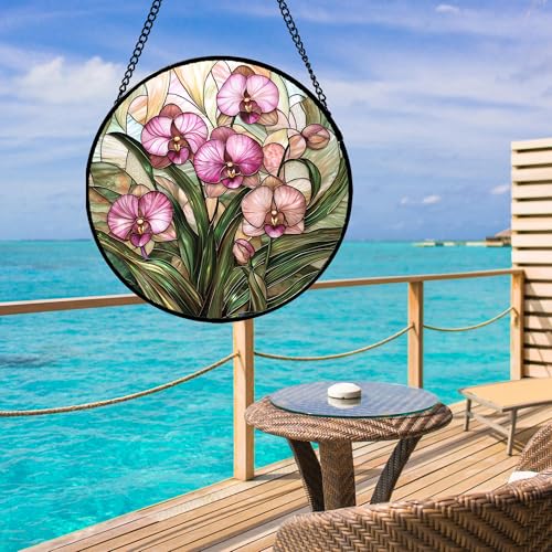 Phalaenopsis Orchid Stained Glass Window Hanging Decor Gifts for Women 15"