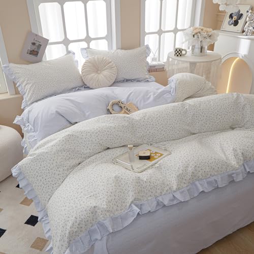 King Comforter Set Blue Floral Comforter King Vintage Floral Bedding Comforter Boho Ruffle Comforter Set Cottagecore Flower Botanical Comforter with 2 Pillowcases Fluffy Soft Comfy Comforter Set