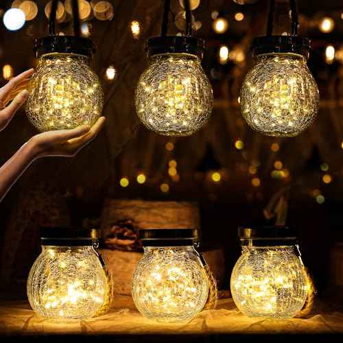Gifts for her him 2 Pack Solar Lanterns Outdoor Waterproof Heavy Crackle Glass 30 LED Warm Firefly Lights Stainless Steel Lid 215% Solar for Women Mom Grandma Outdoor Lamps Garden Yard Decor (2 Count)