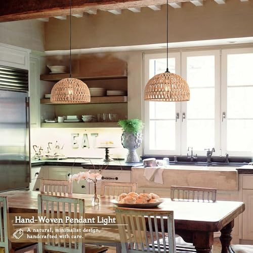 2 Pack Hemp Rope Woven Pendant Light Woven Light Fixture Boho Chandelier Light Fixture Wicker Pendant Lights Rattan Dome Wicker Chandelier for Dining Room Kitchen Island