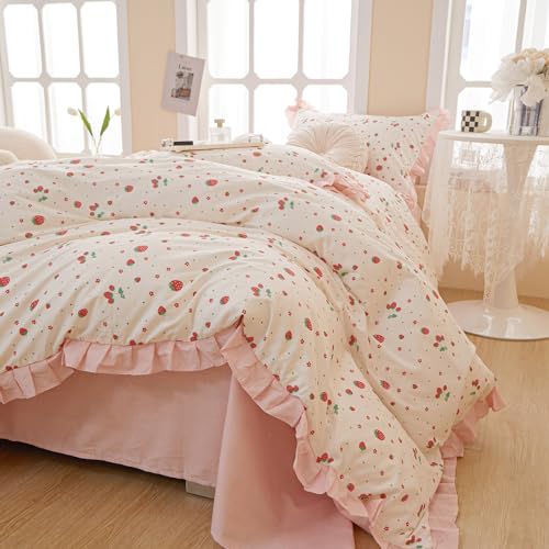 Kawaii Strawberry Comforter Set Twin XL Cute Ruffle Comforter with 2 Pillowcases White Fluffy Microfiber Kids Girls Bedding Comforter Strawberry Printed Ruffled Comforter Set Twin XL for All Seasons